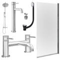 Chrome Tall Basin Mixer Tap, Bath Filler and Rigid Shower with Universal Basin and Bath Waste and Edge Bath Screen
