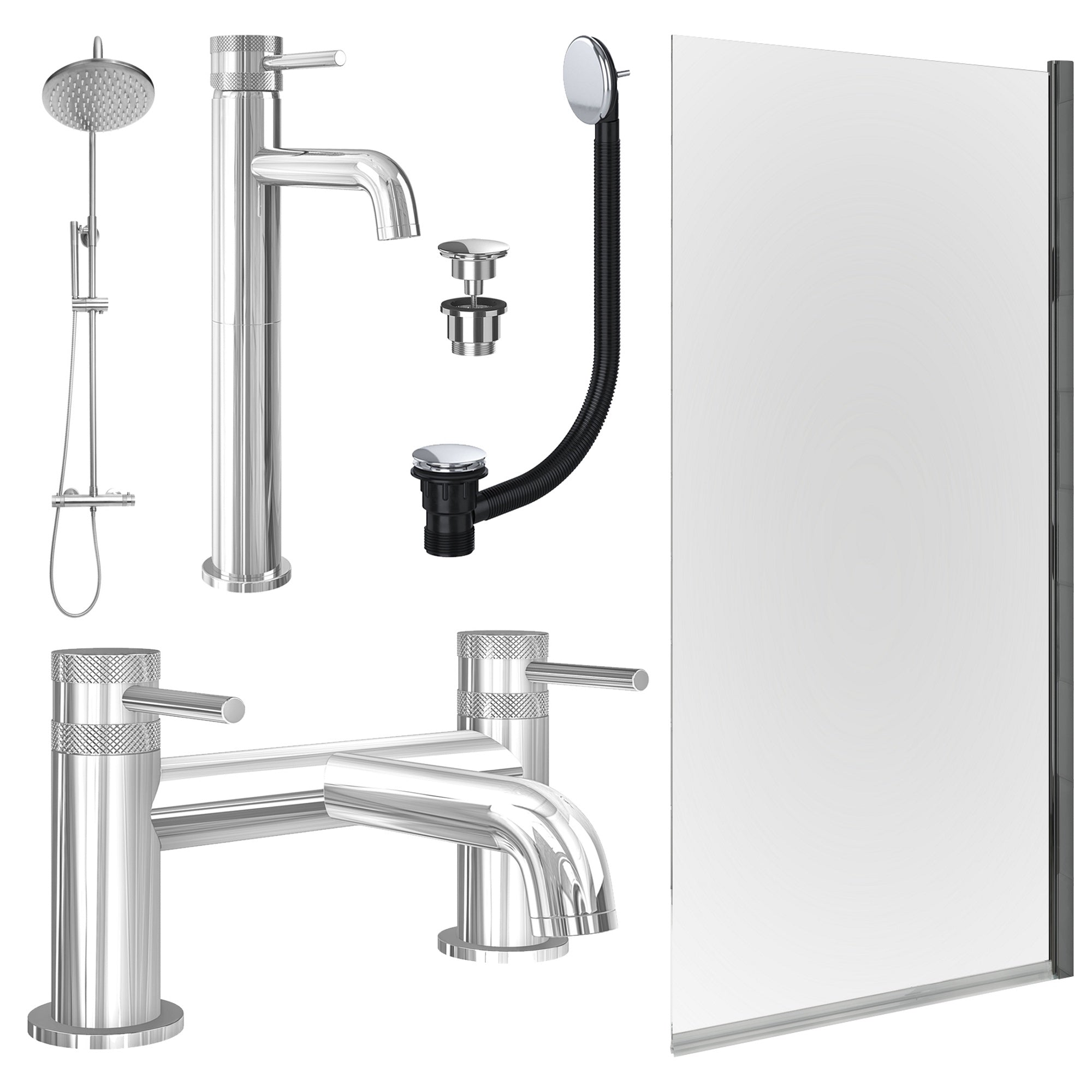Chrome Tall Basin Mixer Tap, Bath Filler and Rigid Shower with Universal Basin and Bath Waste and Edge Bath Screen