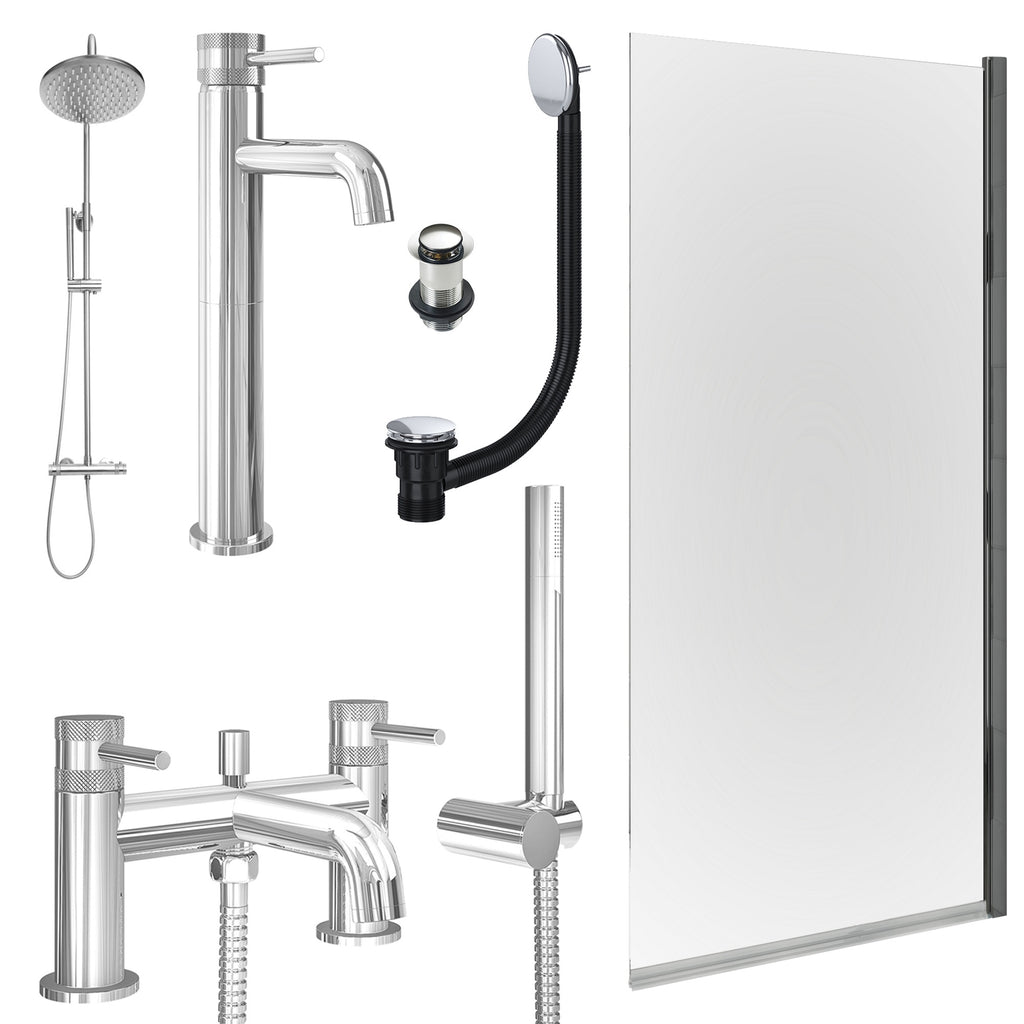 Chrome Tall Basin Mixer Tap, Bath Shower Mixer and Rigid Shower with Unslotted Basin and Bath Waste and Edge Bath Screen