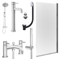 Chrome Tall Basin Mixer Tap, Bath Shower Mixer and Rigid Shower with Unslotted Basin and Bath Waste and Edge Bath Screen