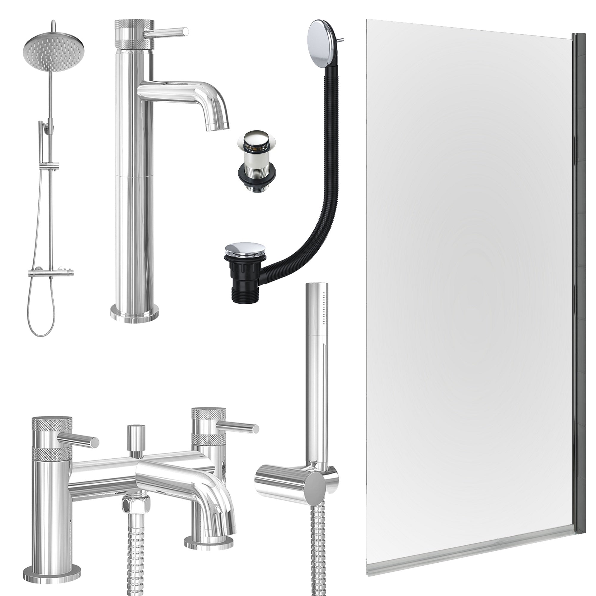 Chrome Tall Basin Mixer Tap, Bath Shower Mixer and Rigid Shower with Unslotted Basin and Bath Waste and Edge Bath Screen