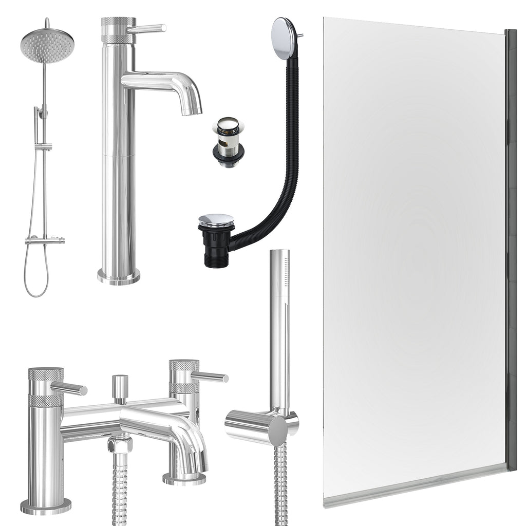 Chrome Tall Basin Mixer Tap, Bath Shower Mixer and Rigid Shower with Slotted Basin and Bath Waste and Edge Bath Screen