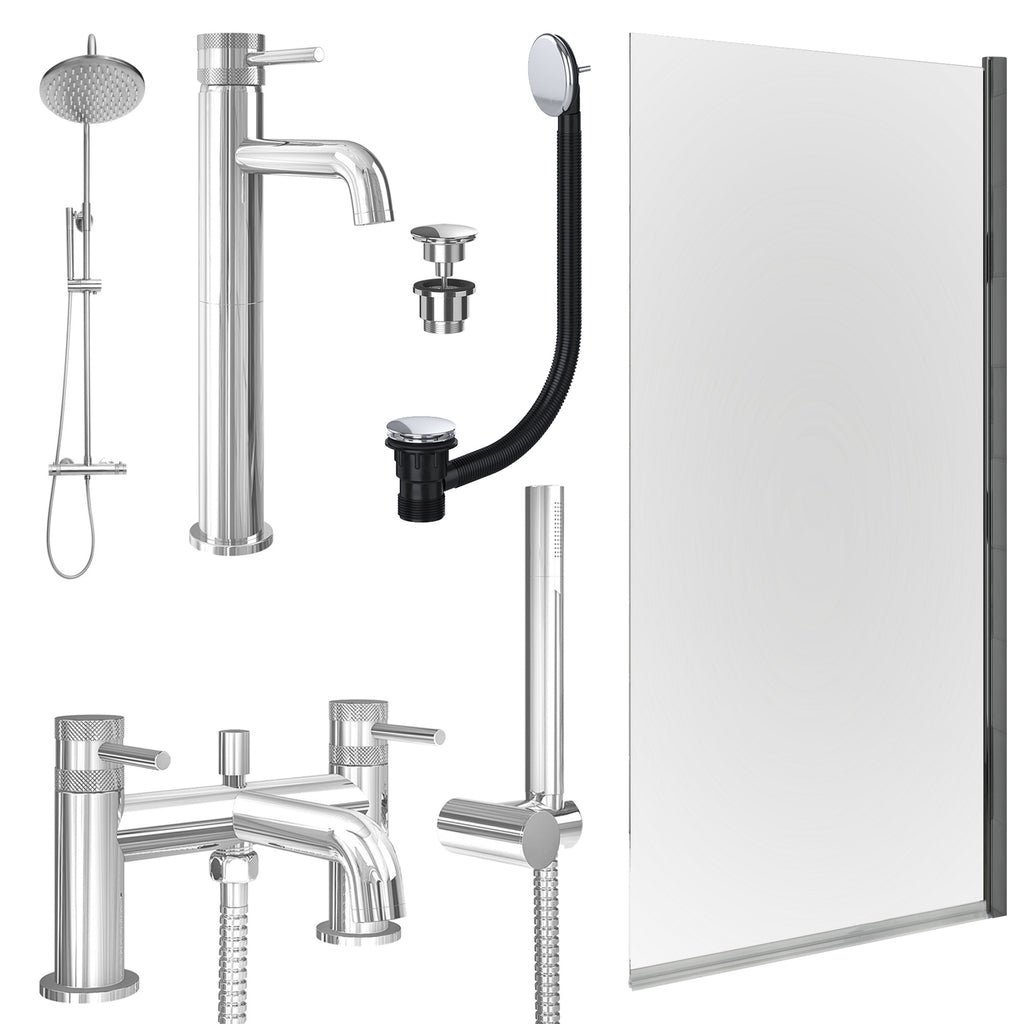 Chrome Tall Basin Mixer Tap, Bath Shower Mixer and Rigid Shower with Universal Basin and Bath Waste and Edge Bath Screen