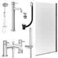 Chrome Tall Basin Mixer Tap, Bath Shower Mixer and Rigid Shower with Universal Basin and Bath Waste and Edge Bath Screen