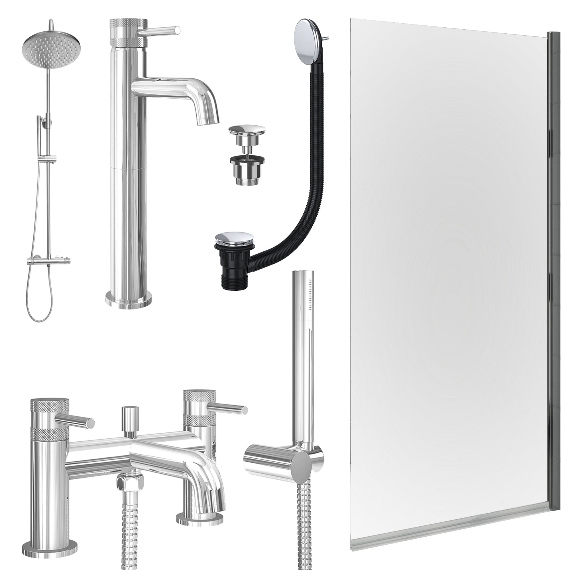 Chrome Tall Basin Mixer Tap, Bath Shower Mixer and Rigid Shower with Universal Basin and Bath Waste and Edge Bath Screen