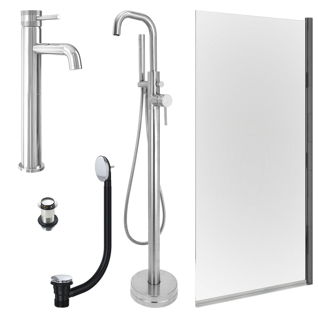 Chrome Tall Basin Mixer Tap, Freestanding Bath Shower Mixer and Unslotted Basin and Bath Waste and Edge Bath Screen