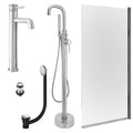 Chrome Tall Basin Mixer Tap, Freestanding Bath Shower Mixer and Unslotted Basin and Bath Waste and Edge Bath Screen