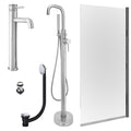 Chrome Tall Basin Mixer Tap, Freestanding Bath Shower Mixer and Slotted Basin and Bath Waste and Edge Bath Screen