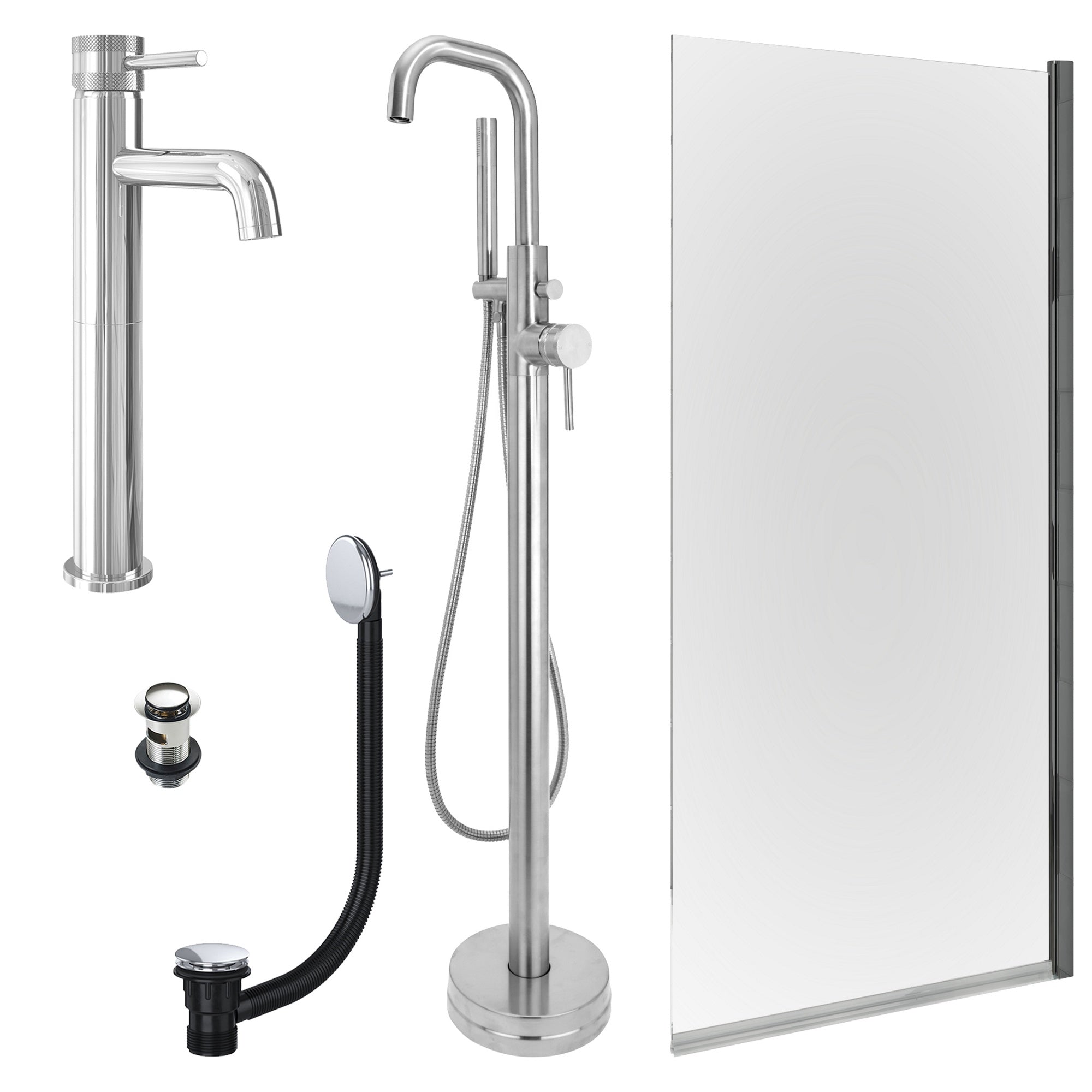 Chrome Tall Basin Mixer Tap, Freestanding Bath Shower Mixer and Slotted Basin and Bath Waste and Edge Bath Screen