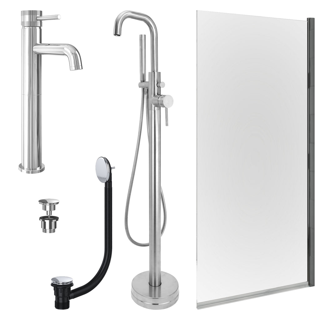 Chrome Tall Basin Mixer Tap, Freestanding Bath Shower Mixer and Universal Basin and Bath Waste and Edge Bath Screen