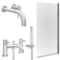 Chrome Wall Mounted Basin Mixer Tap, Bath Shower Mixer and Edge Bath Screen