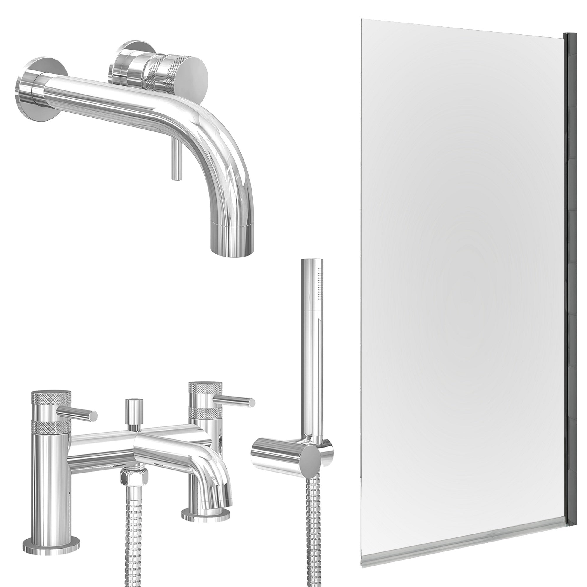 Chrome Wall Mounted Basin Mixer Tap, Bath Shower Mixer and Edge Bath Screen