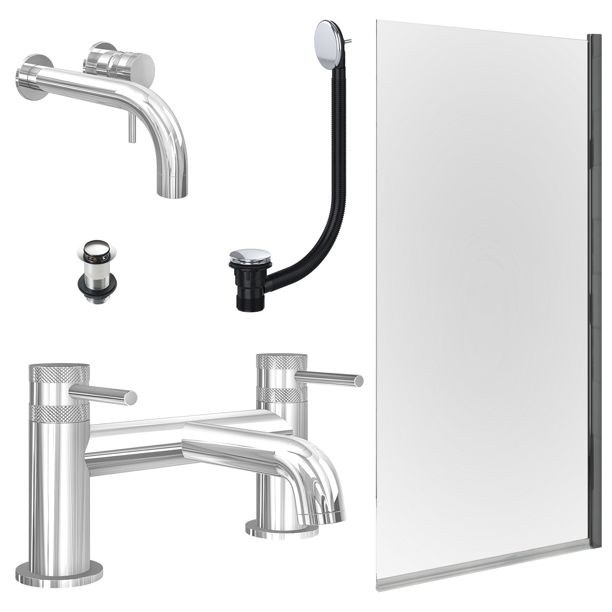 Chrome Wall Mounted Basin Mixer Tap, Bath Filler with Unslotted Basin and Bath Waste and Edge Bath Screen