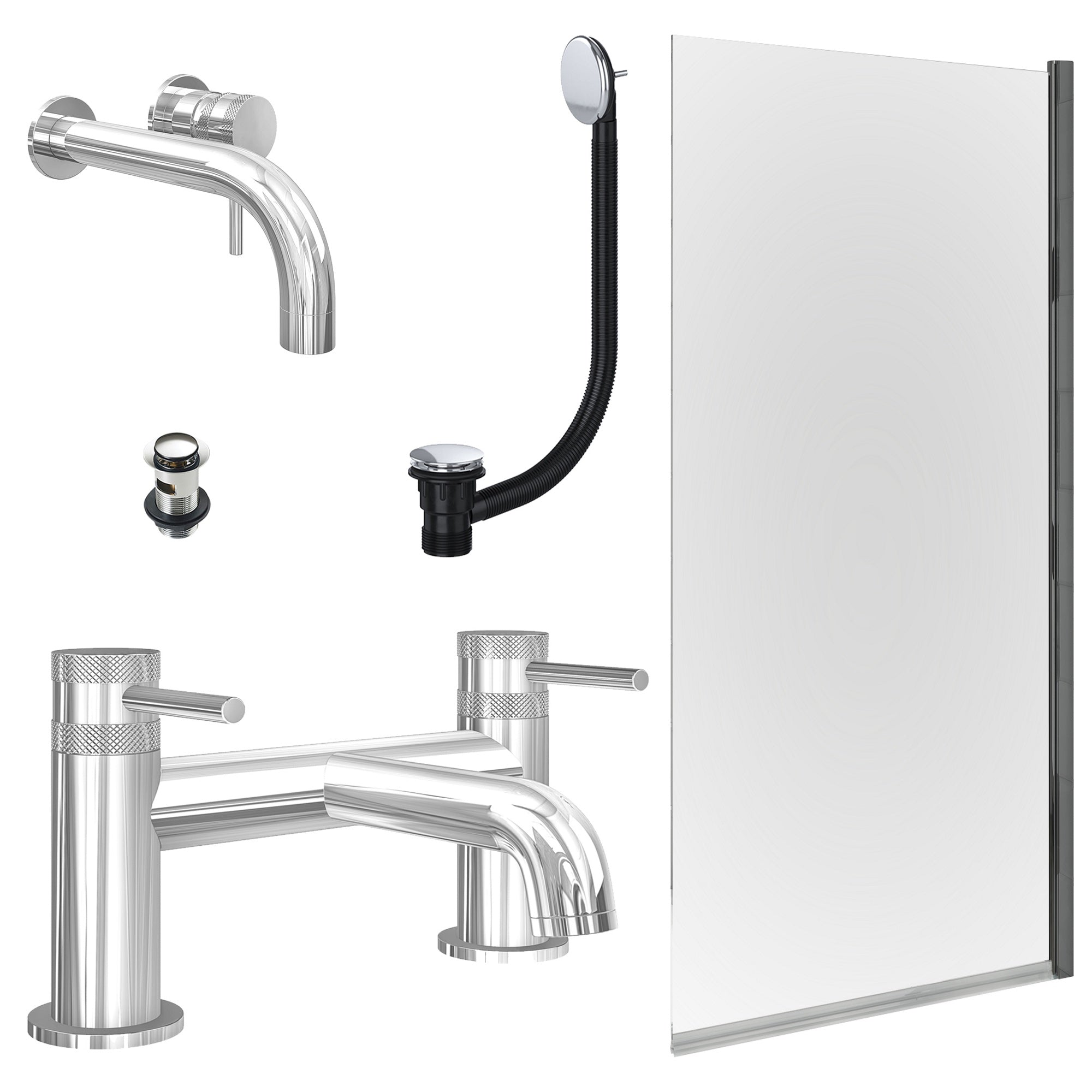Chrome Wall Mounted Basin Mixer Tap, Bath Filler with Slotted Basin and Bath Waste and Edge Bath Screen