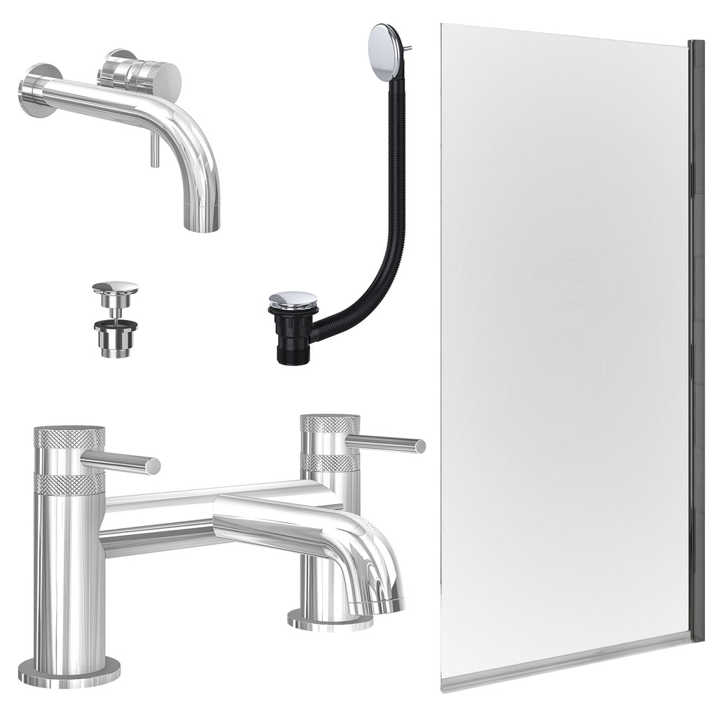 Chrome Wall Mounted Basin Mixer Tap, Bath Filler with Universal Basin and Bath Waste and Edge Bath Screen