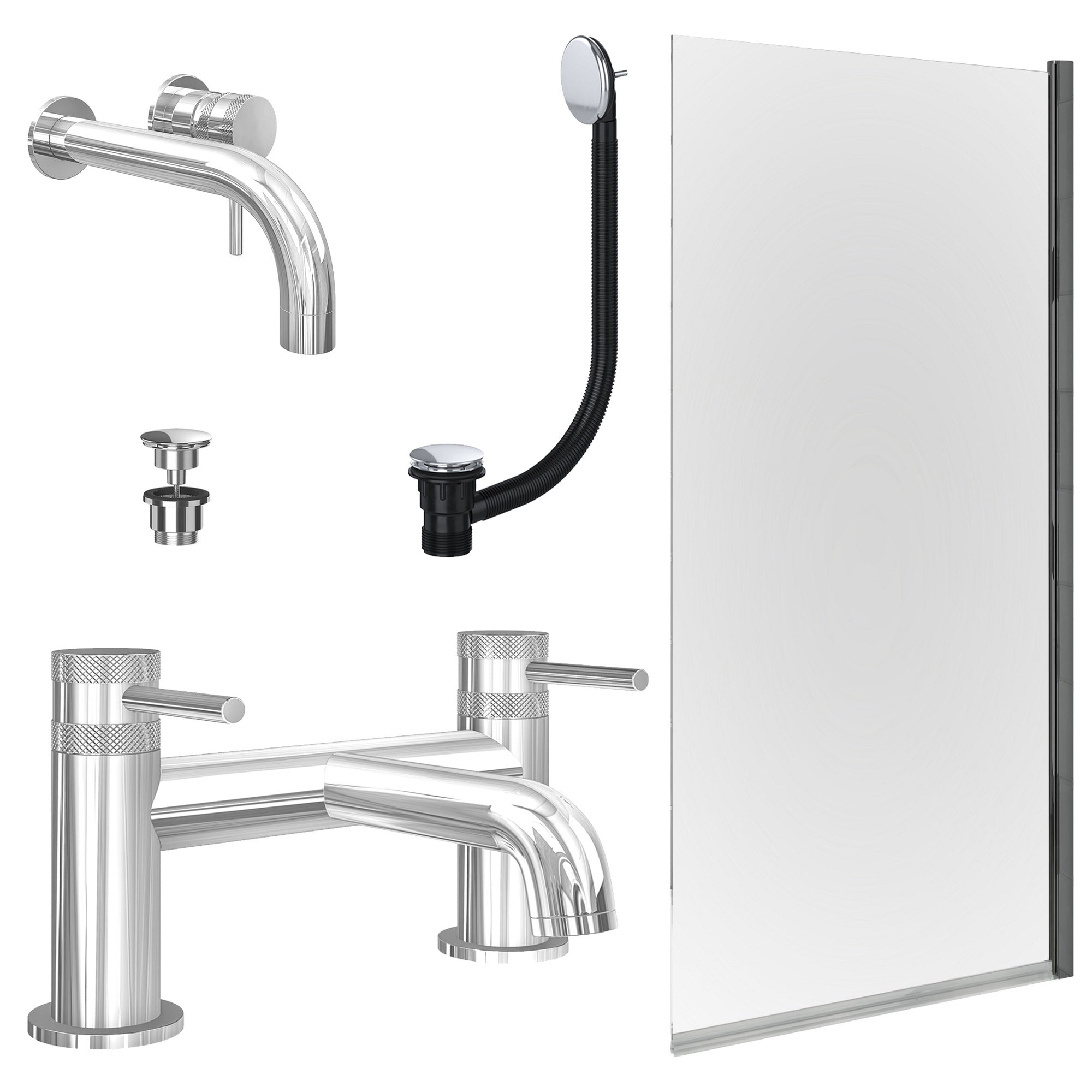 Chrome Wall Mounted Basin Mixer Tap, Bath Filler with Universal Basin and Bath Waste and Edge Bath Screen