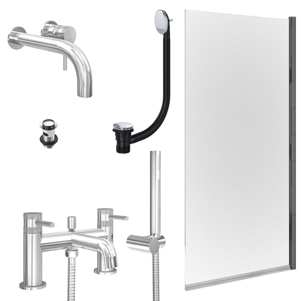 Chrome Wall Mounted Basin Mixer Tap, Bath Shower Mixer with Slotted Basin and Bath Waste and Edge Bath Screen