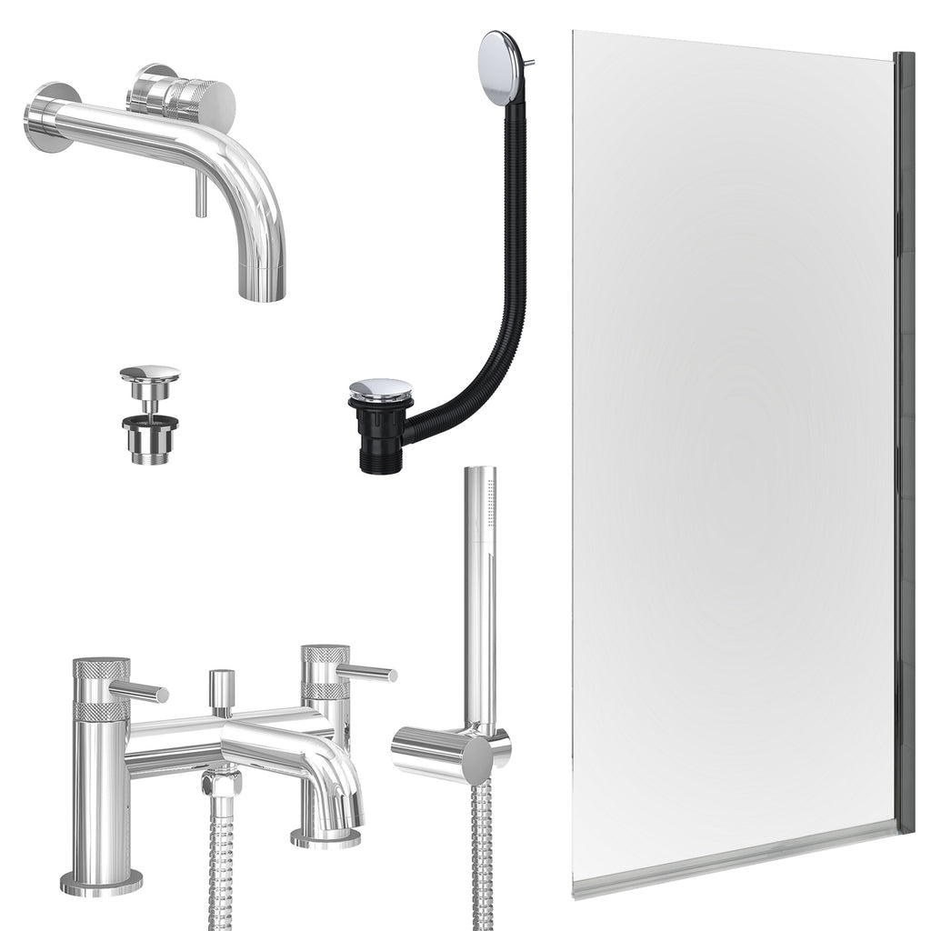 Chrome Wall Mounted Basin Mixer Tap, Bath Shower Mixer with Universal Basin and Bath Waste and Edge Bath Screen