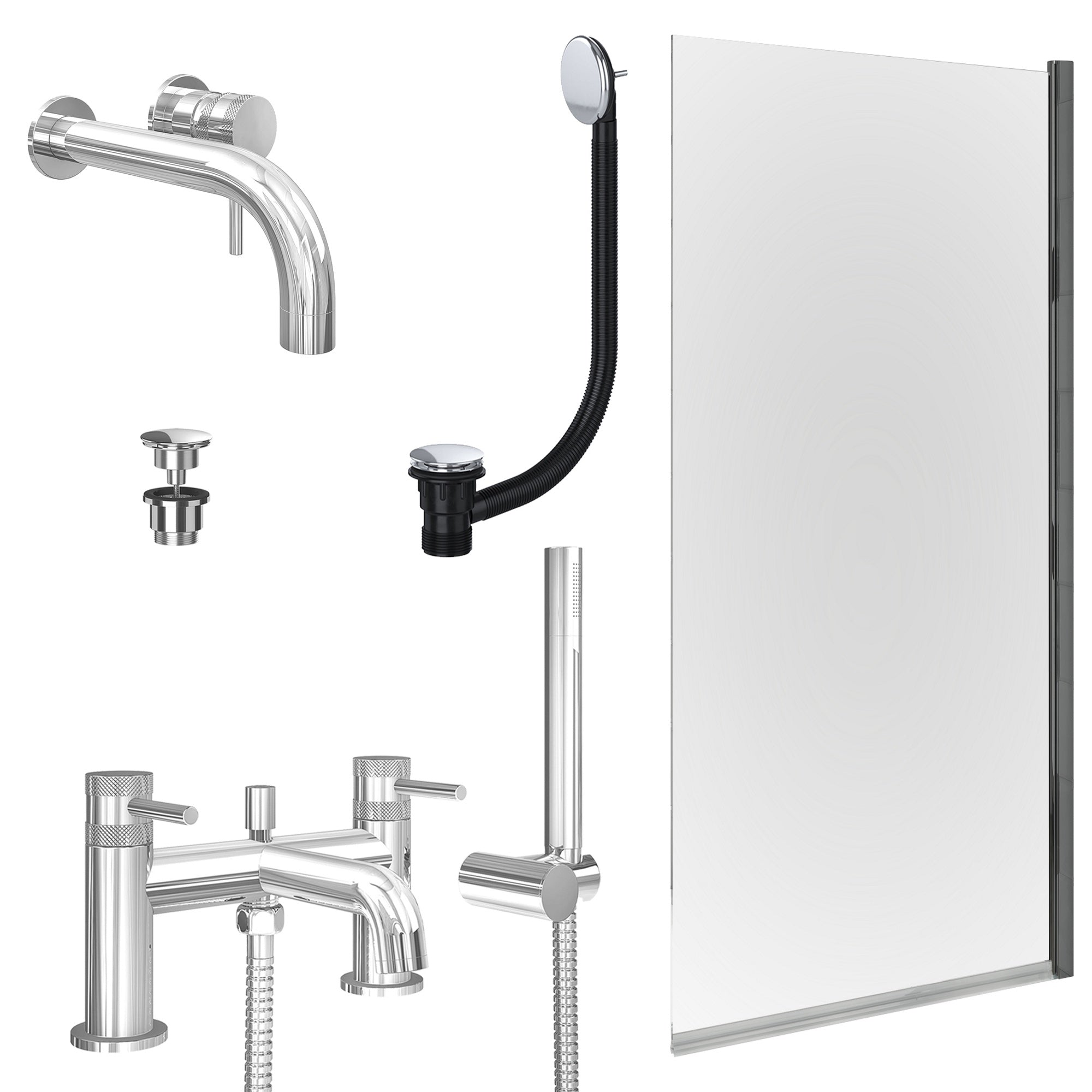 Chrome Wall Mounted Basin Mixer Tap, Bath Shower Mixer with Universal Basin and Bath Waste and Edge Bath Screen