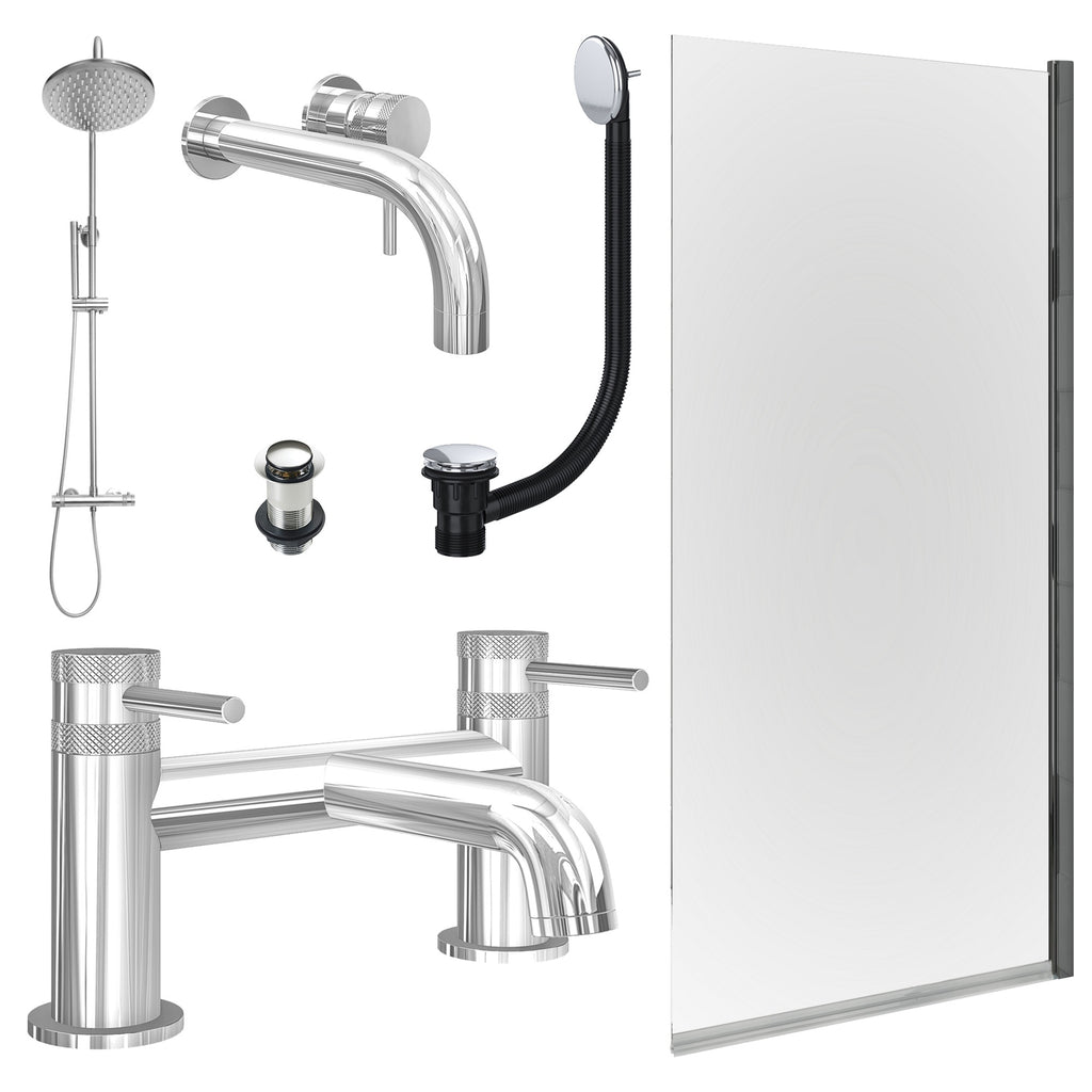 Chrome Wall Mounted Basin Mixer Tap, Bath Filler and Rigid Shower with Unslotted Basin and Bath Waste and Edge Bath Screen