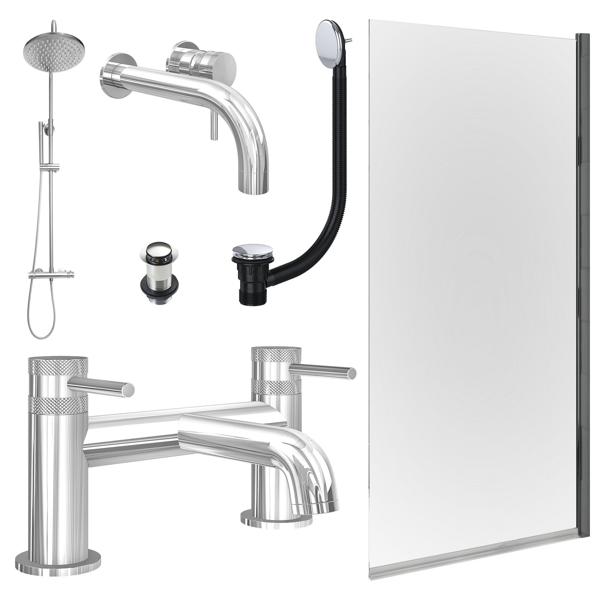 Chrome Wall Mounted Basin Mixer Tap, Bath Filler and Rigid Shower with Unslotted Basin and Bath Waste and Edge Bath Screen