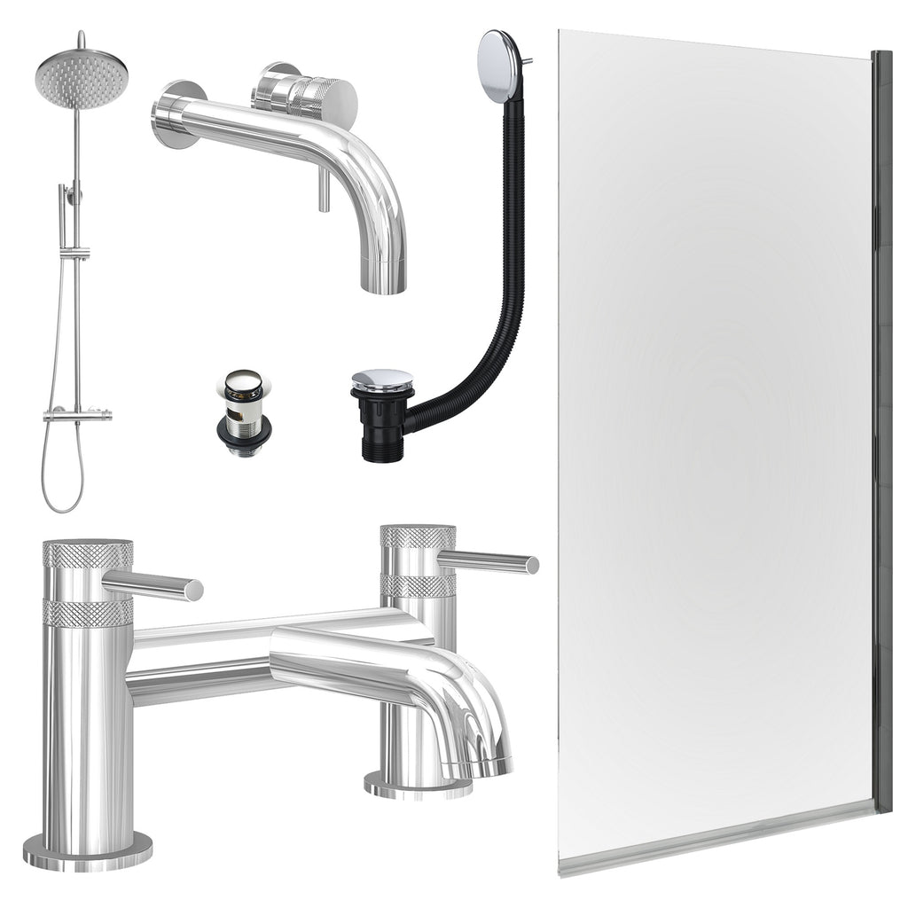 Chrome Wall Mounted Basin Mixer Tap, Bath Filler and Rigid Shower with Slotted Basin and Bath Waste and Edge Bath Screen