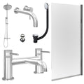 Chrome Wall Mounted Basin Mixer Tap, Bath Filler and Rigid Shower with Slotted Basin and Bath Waste and Edge Bath Screen