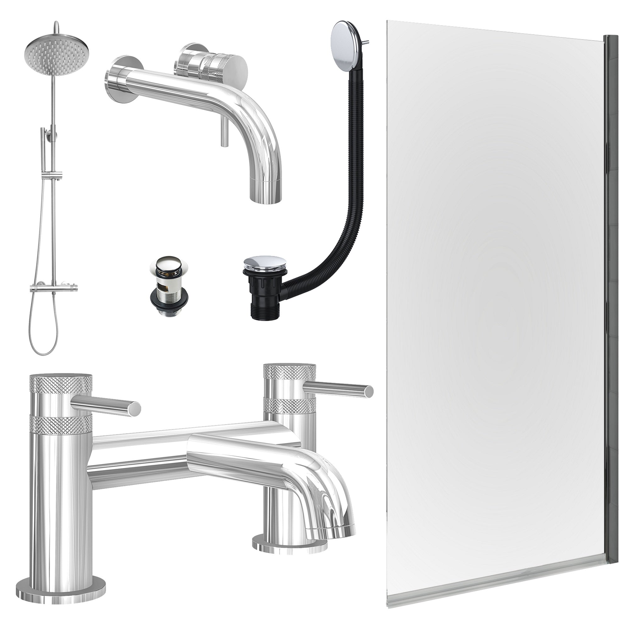 Chrome Wall Mounted Basin Mixer Tap, Bath Filler and Rigid Shower with Slotted Basin and Bath Waste and Edge Bath Screen