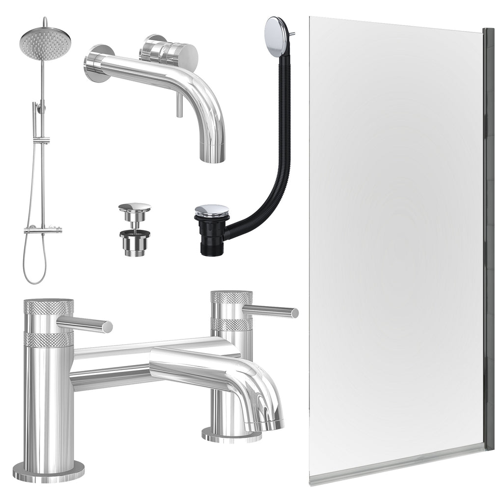 Chrome Wall Mounted Basin Mixer Tap, Bath Filler and Rigid Shower with Universal Basin and Bath Waste and Edge Bath Screen
