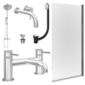 Chrome Wall Mounted Basin Mixer Tap, Bath Filler and Rigid Shower with Universal Basin and Bath Waste and Edge Bath Screen