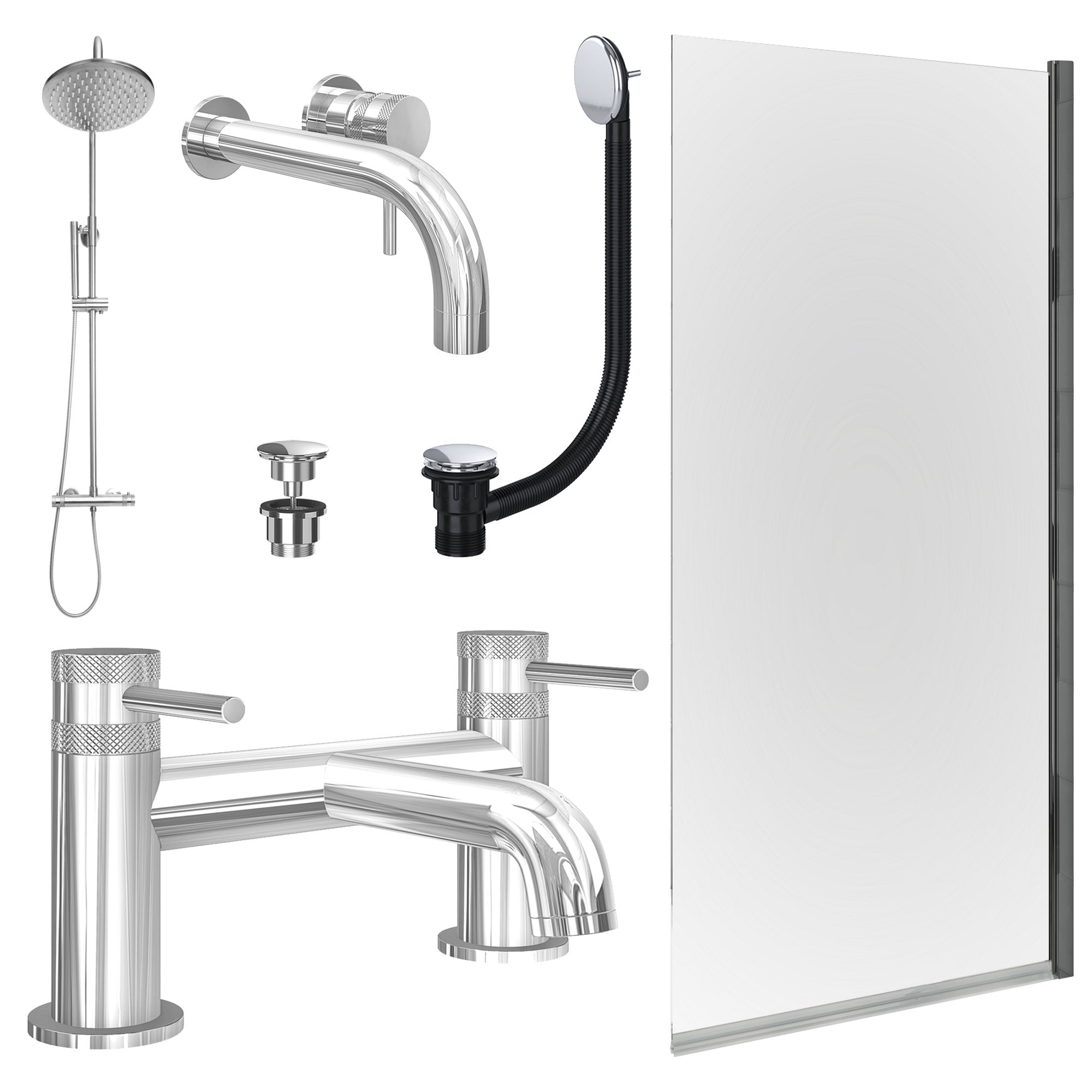Chrome Wall Mounted Basin Mixer Tap, Bath Filler and Rigid Shower with Universal Basin and Bath Waste and Edge Bath Screen