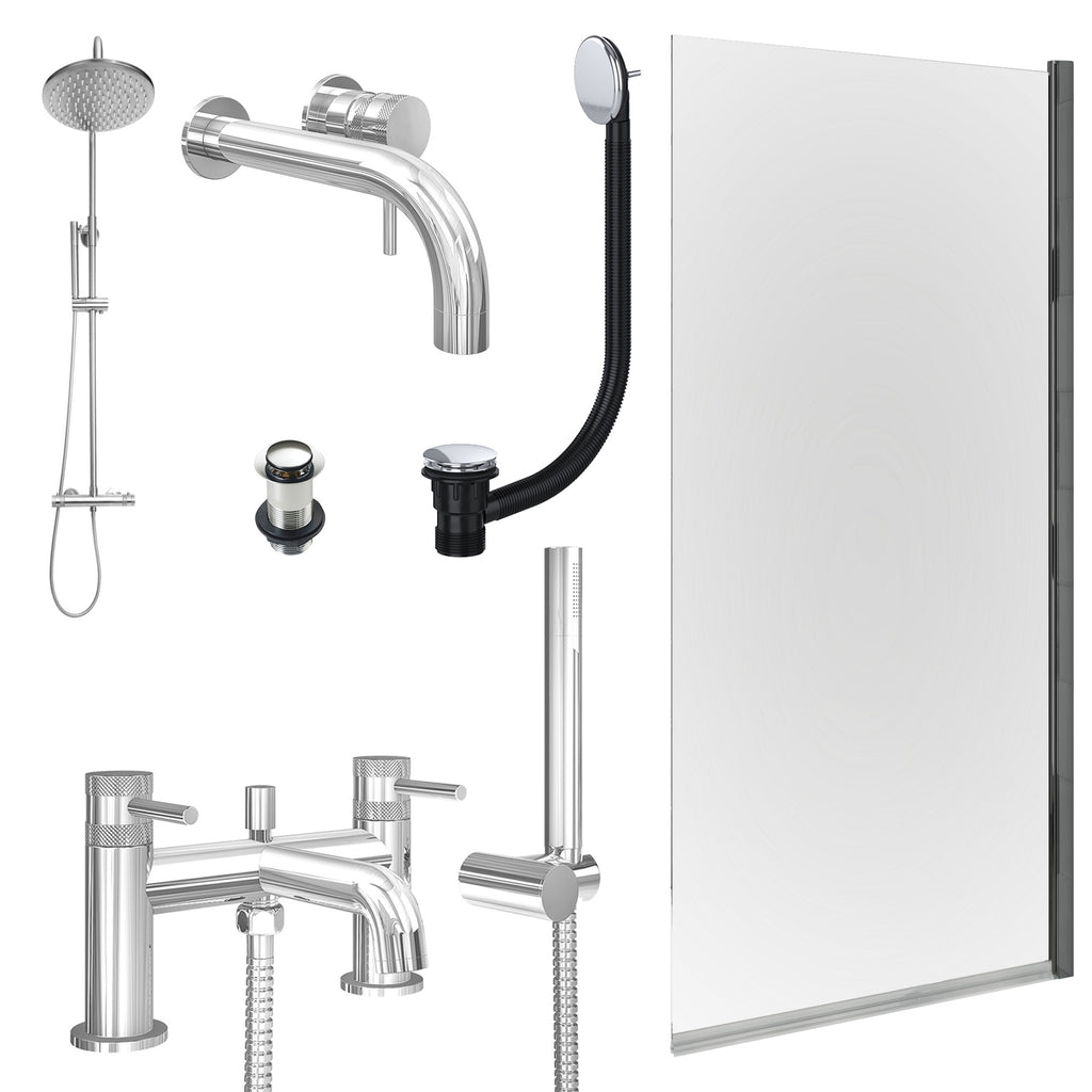 Chrome Wall Mounted Basin Mixer Tap, Bath Shower Mixer and Rigid Shower with Unslotted Basin and Bath Waste and Edge Bath Screen