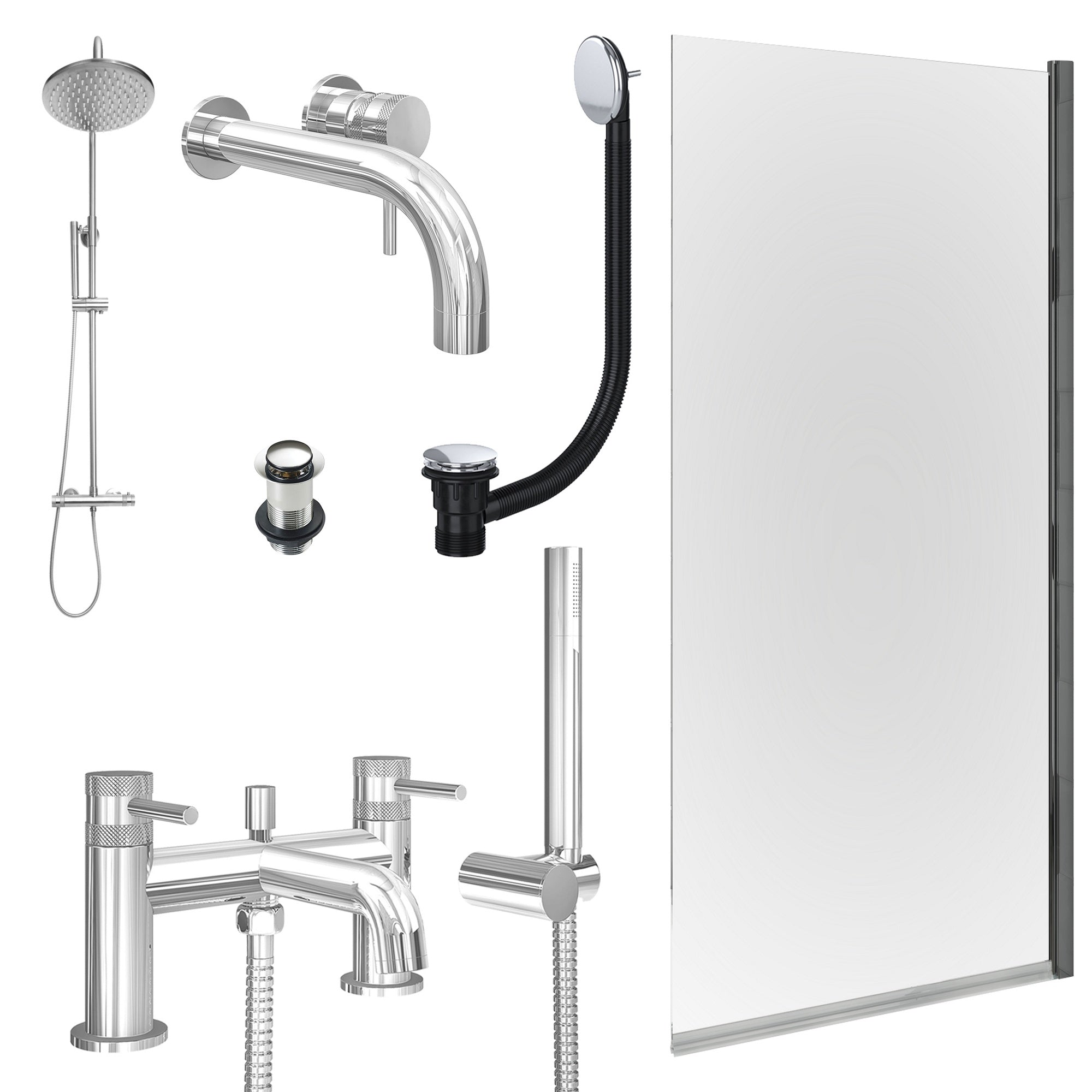 Chrome Wall Mounted Basin Mixer Tap, Bath Shower Mixer and Rigid Shower with Unslotted Basin and Bath Waste and Edge Bath Screen