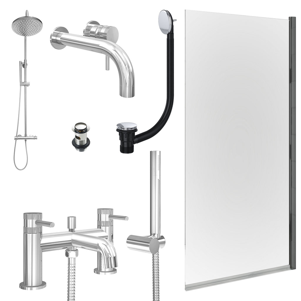 Chrome Wall Mounted Basin Mixer Tap, Bath Shower Mixer and Rigid Shower with Slotted Basin and Bath Waste and Edge Bath Screen
