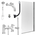 Chrome Wall Mounted Basin Mixer Tap, Bath Shower Mixer and Rigid Shower with Slotted Basin and Bath Waste and Edge Bath Screen