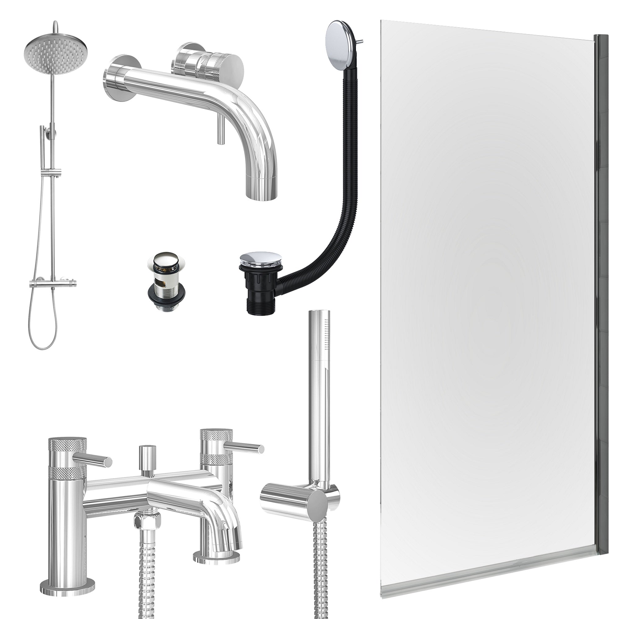 Chrome Wall Mounted Basin Mixer Tap, Bath Shower Mixer and Rigid Shower with Slotted Basin and Bath Waste and Edge Bath Screen