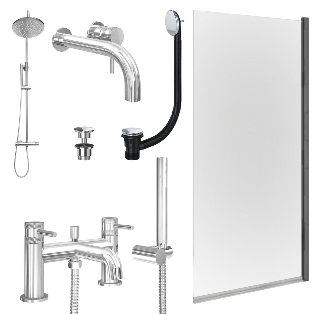 Chrome Wall Mounted Basin Mixer Tap, Bath Shower Mixer and Rigid Shower with Universal Basin and Bath Waste and Edge Bath Screen