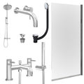 Chrome Wall Mounted Basin Mixer Tap, Bath Shower Mixer and Rigid Shower with Universal Basin and Bath Waste and Edge Bath Screen