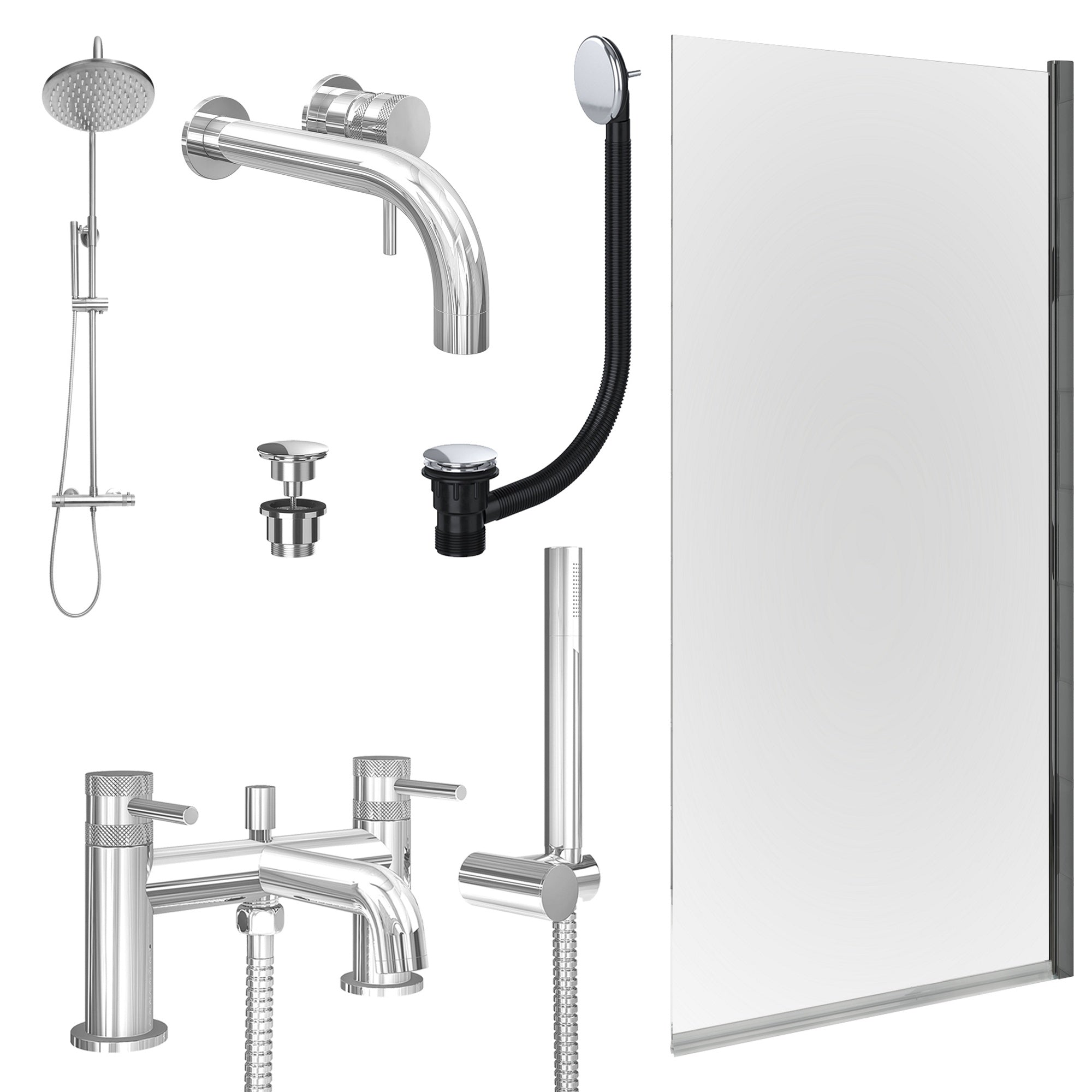 Chrome Wall Mounted Basin Mixer Tap, Bath Shower Mixer and Rigid Shower with Universal Basin and Bath Waste and Edge Bath Screen