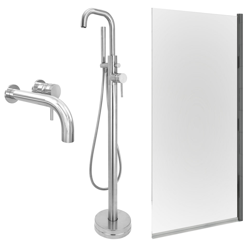 Chrome Wall Mounted Basin Mixer Tap, Freestanding Bath Shower Mixer and Edge Bath Screen