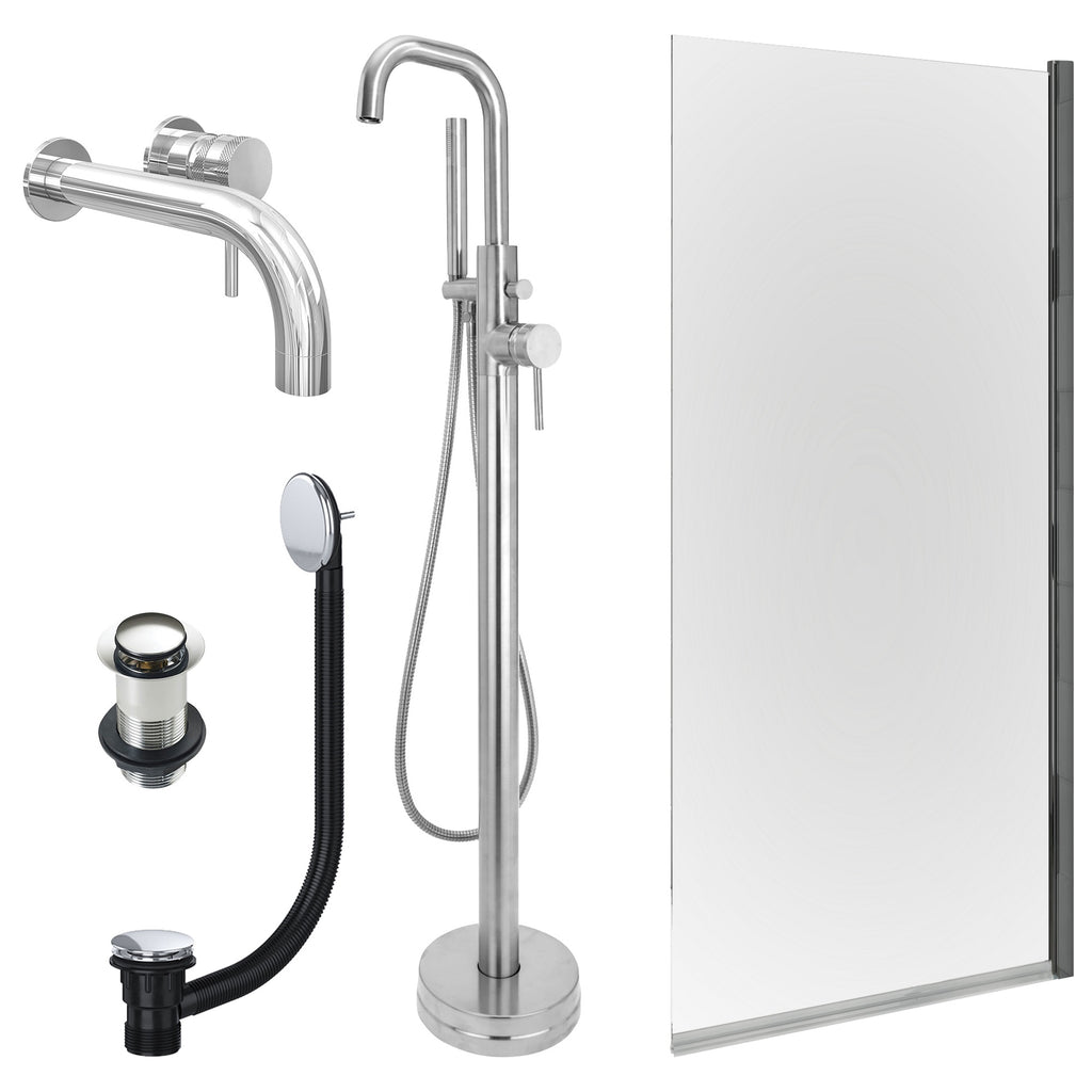 Chrome Wall Mounted Basin Mixer Tap, Freestanding Bath Shower Mixer and Unslotted Basin and Bath Waste and Edge Bath Screen