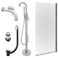 Chrome Wall Mounted Basin Mixer Tap, Freestanding Bath Shower Mixer and Unslotted Basin and Bath Waste and Edge Bath Screen