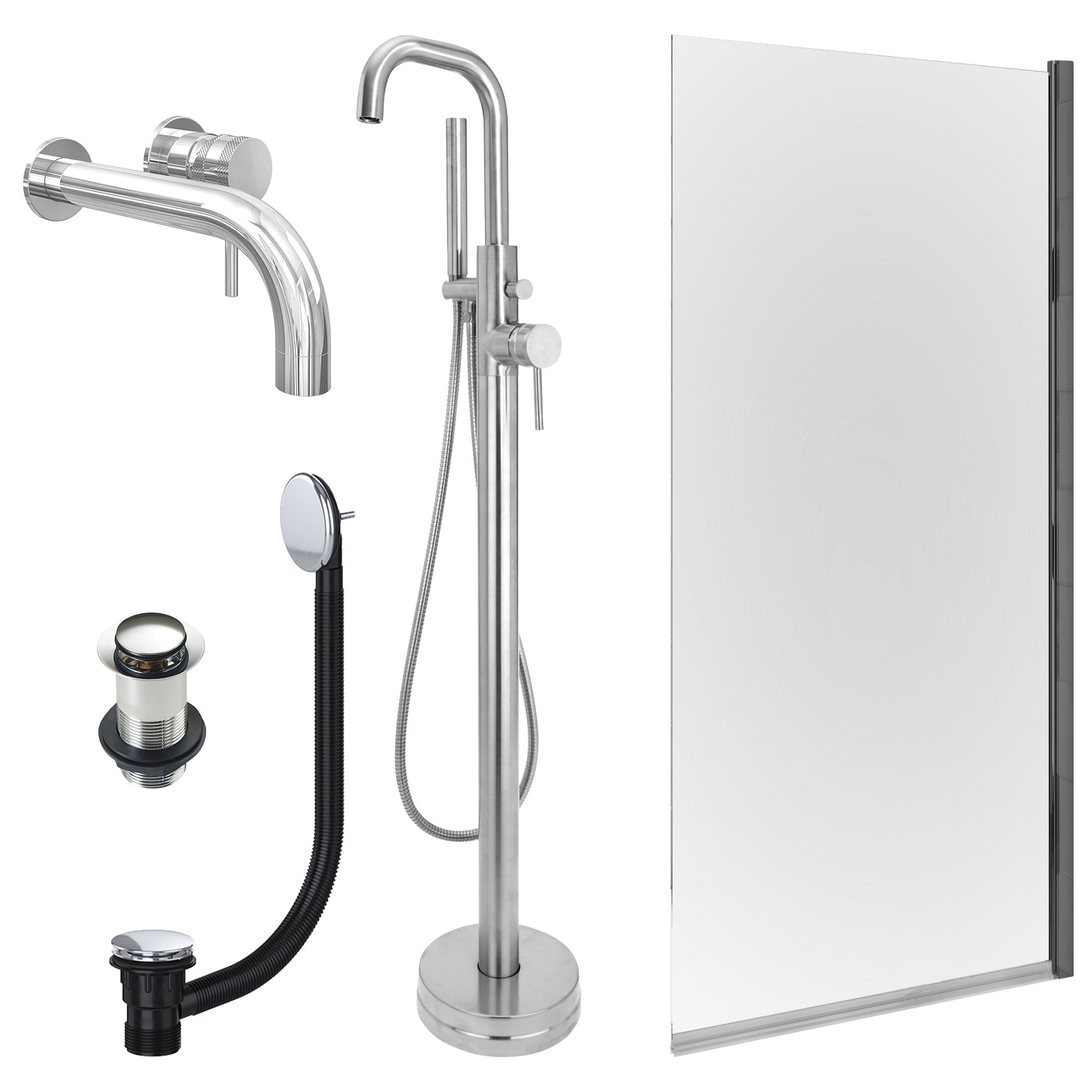 Chrome Wall Mounted Basin Mixer Tap, Freestanding Bath Shower Mixer and Unslotted Basin and Bath Waste and Edge Bath Screen