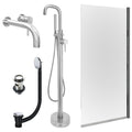 Chrome Wall Mounted Basin Mixer Tap, Freestanding Bath Shower Mixer and Slotted Basin and Bath Waste and Edge Bath Screen