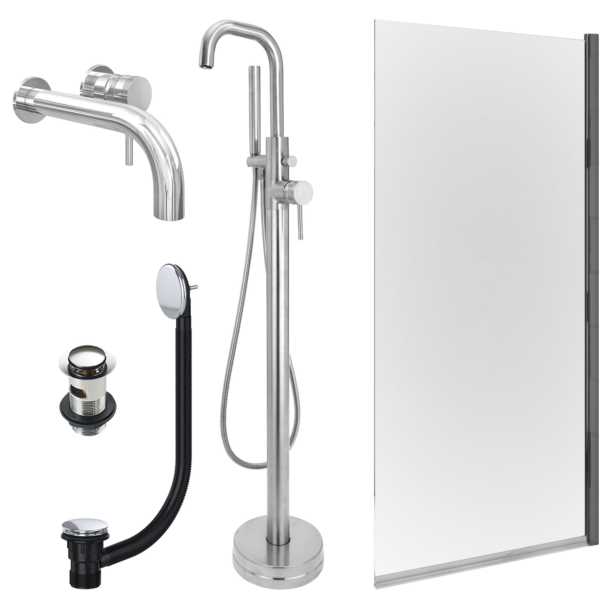 Chrome Wall Mounted Basin Mixer Tap, Freestanding Bath Shower Mixer and Slotted Basin and Bath Waste and Edge Bath Screen