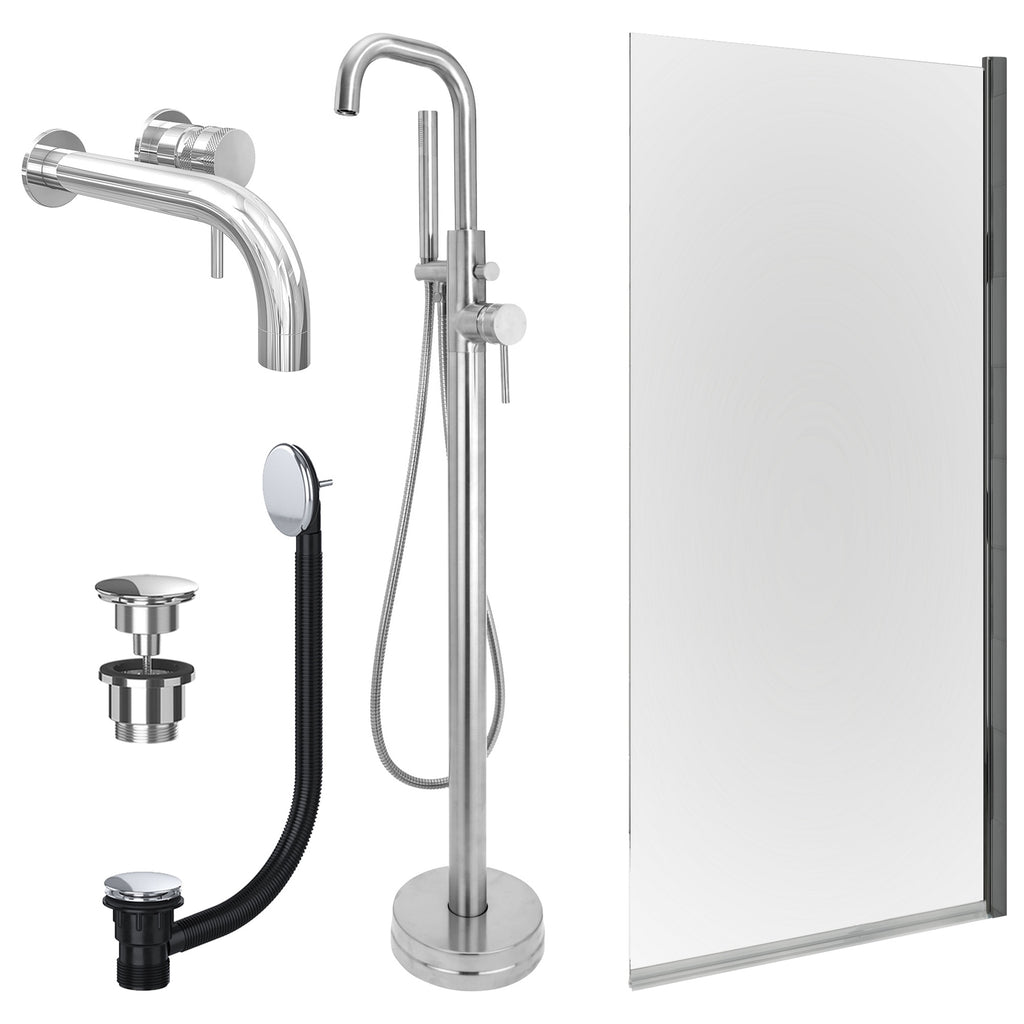 Chrome Wall Mounted Basin Mixer Tap, Freestanding Bath Shower Mixer and Universal Basin and Bath Waste and Edge Bath Screen
