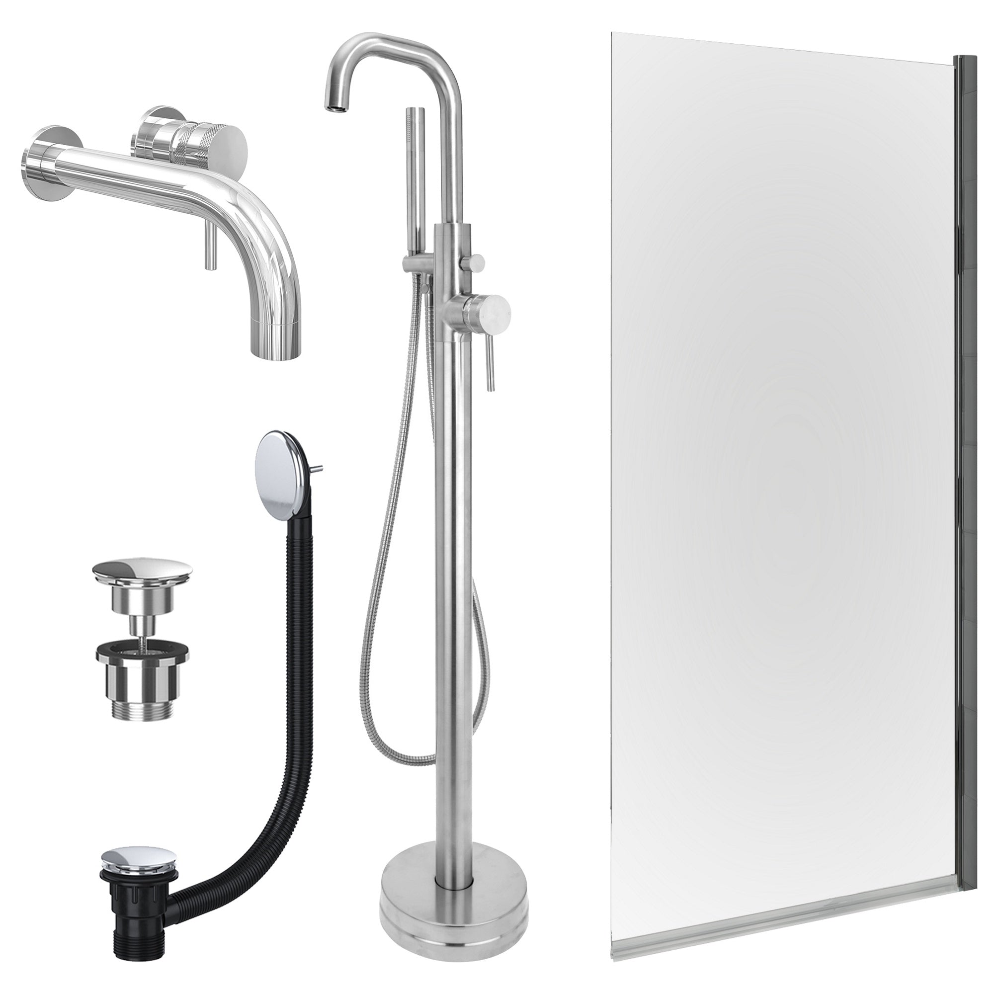 Chrome Wall Mounted Basin Mixer Tap, Freestanding Bath Shower Mixer and Universal Basin and Bath Waste and Edge Bath Screen