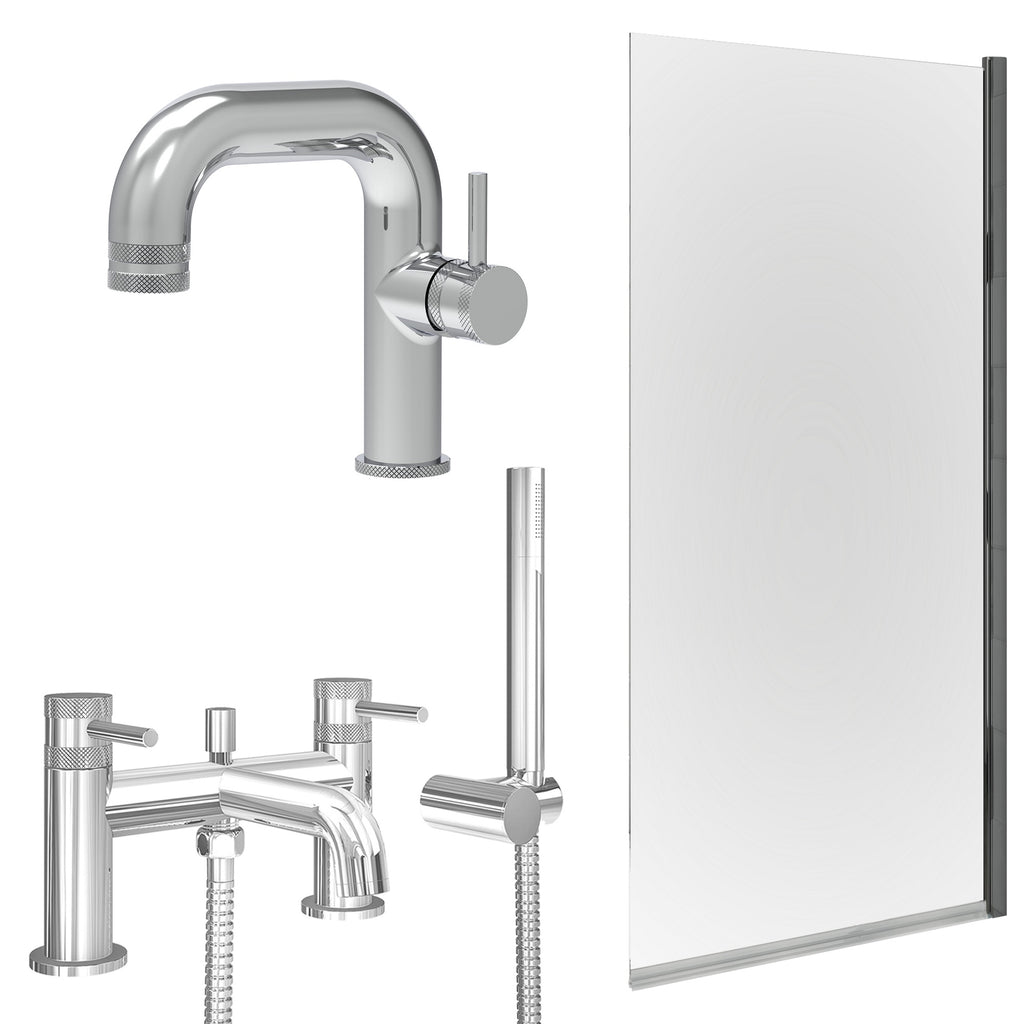 Chrome Side Lever Basin Mixer Tap, Bath Shower Mixer and Edge Bath Screen