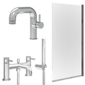 Chrome Side Lever Basin Mixer Tap, Bath Shower Mixer and Edge Bath Screen