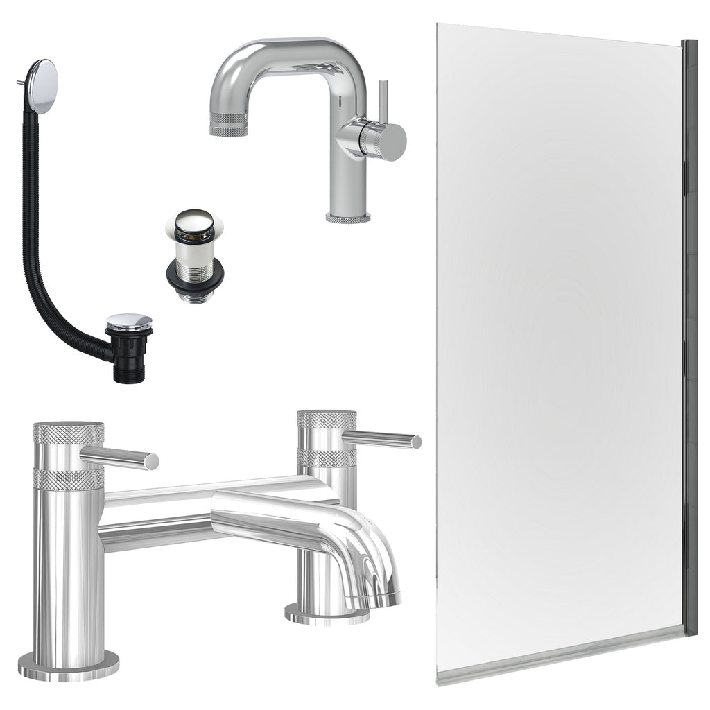Chrome Side Lever Basin Mixer Tap, Bath Filler with Unslotted Basin and Bath Waste and Edge Bath Screen